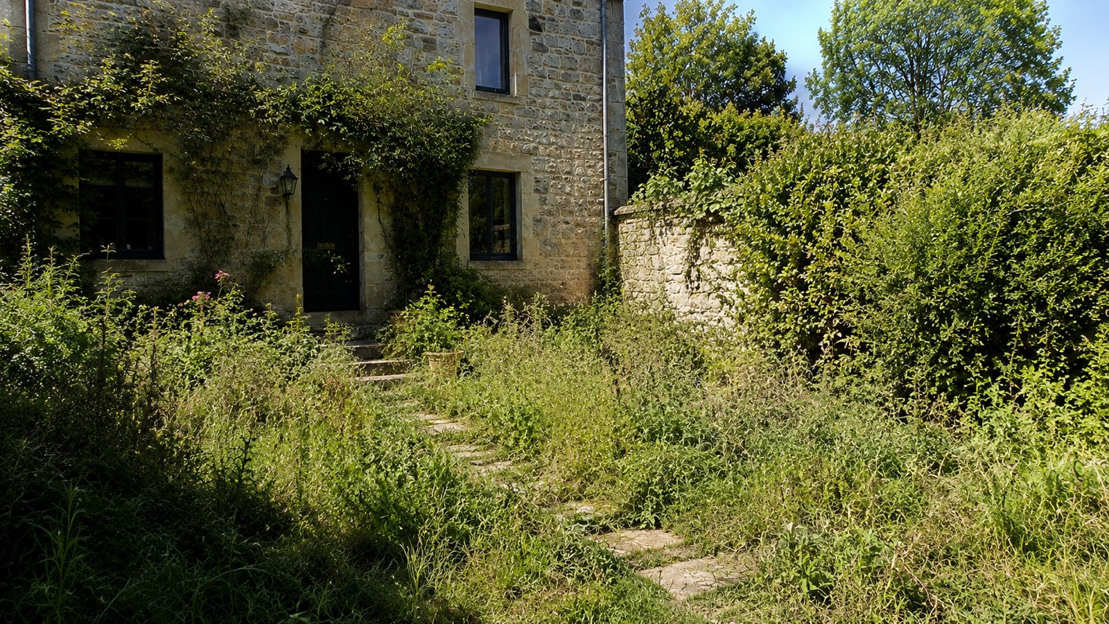 El mismo jardín antes: césped crecido, maleza y hierba descuidada
